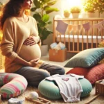 A pregnant woman gently holding her belly while sitting in a cozy living room surrounded by soft cushions, a pregnancy pillow, baby items like a onesie and diapers, with natural light streaming through the window and a houseplant in the corner